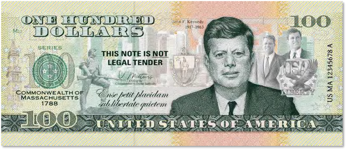 USA 100 Dollar Note | Massachusetts Commemorative Souvenir | John F. Kennedy | Boston Skyline | Minutemen Statue | Massachusetts Seal | The 50 U.S. States Edition