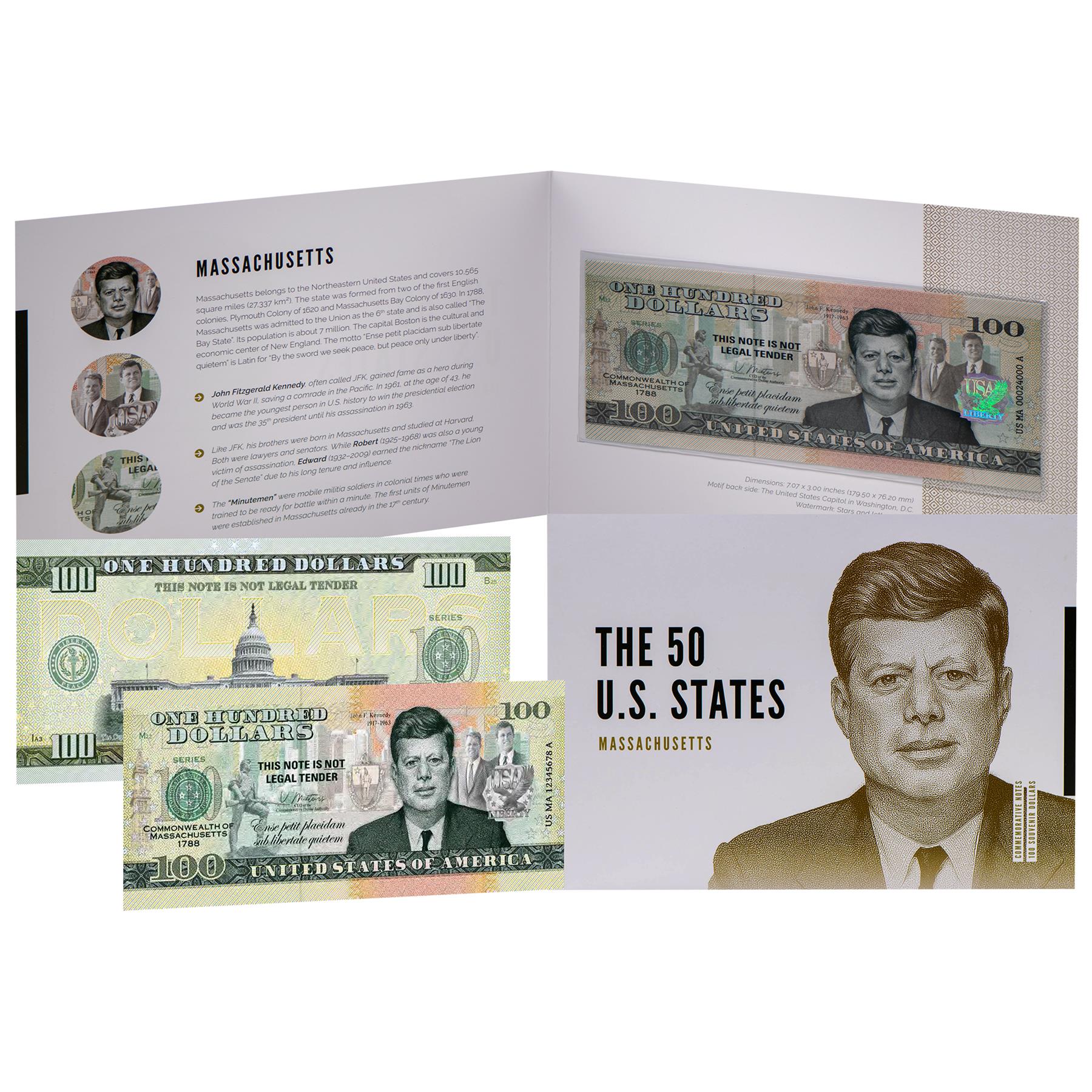 USA 100 Dollar Note | Massachusetts Commemorative Souvenir | John F. Kennedy | Boston Skyline | Minutemen Statue | Massachusetts Seal | The 50 U.S. States Edition