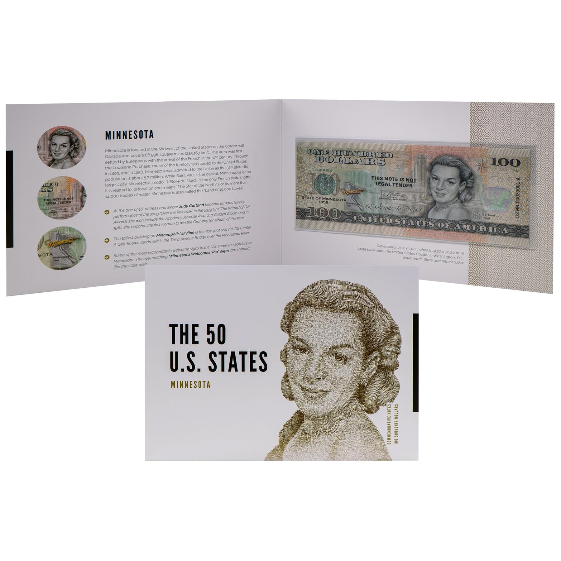 USA 100 Dollar Note | Minnesota Commemorative Souvenir | Judy Garland | Minneapolis Skyline | Third Avenue Bridge | Norway Pine | The 50 U.S. States Edition