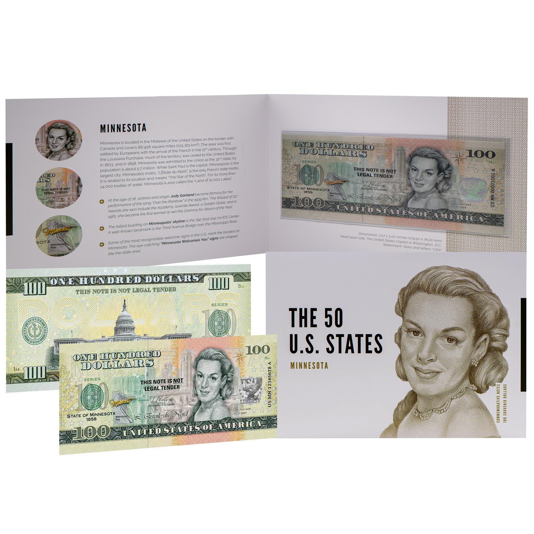 USA 100 Dollar Note | Minnesota Commemorative Souvenir | Judy Garland | Minneapolis Skyline | Third Avenue Bridge | Norway Pine | The 50 U.S. States Edition