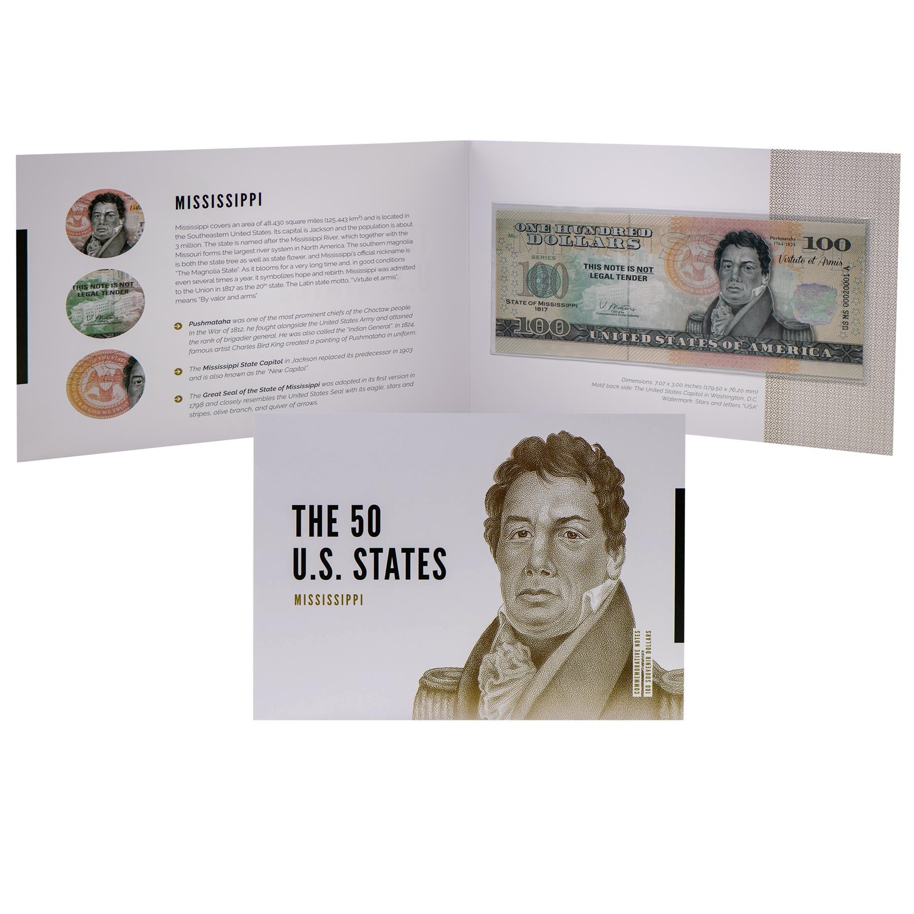 USA 100 Dollar Note | Mississippi Commemorative Souvenir | Chief Pushmataha | Mississippi State Capitol | Great Seal | Southern Magnolia | The 50 U.S. States Edition