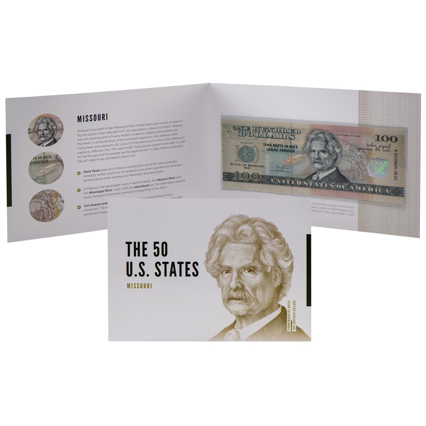 USA 100 Dollar Note | Missouri Commemorative Souvenir | Mark Twain | Gateway Arch | Mississippi River | The 50 U.S. States Edition