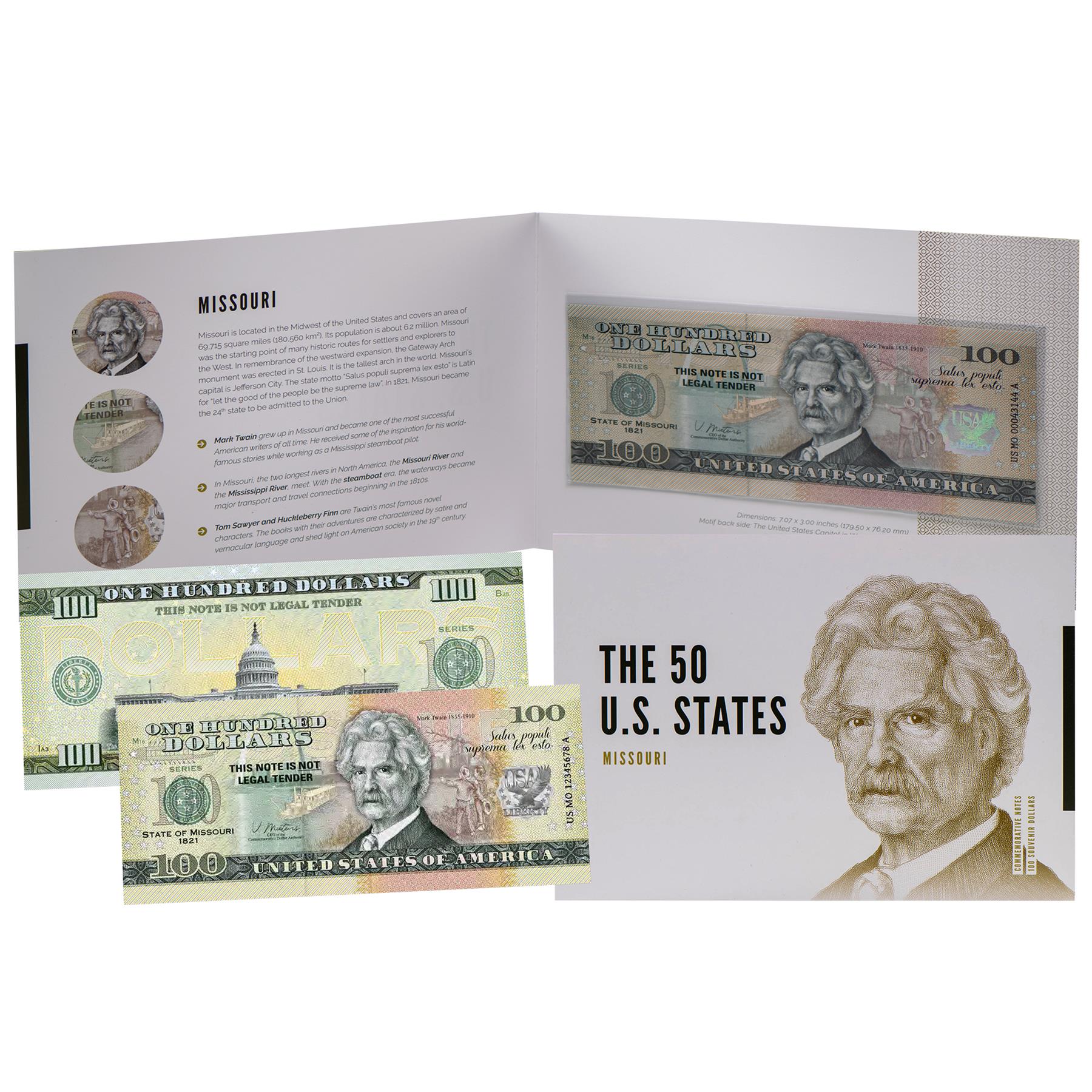 USA 100 Dollar Note | Missouri Commemorative Souvenir | Mark Twain | Gateway Arch | Mississippi River | The 50 U.S. States Edition