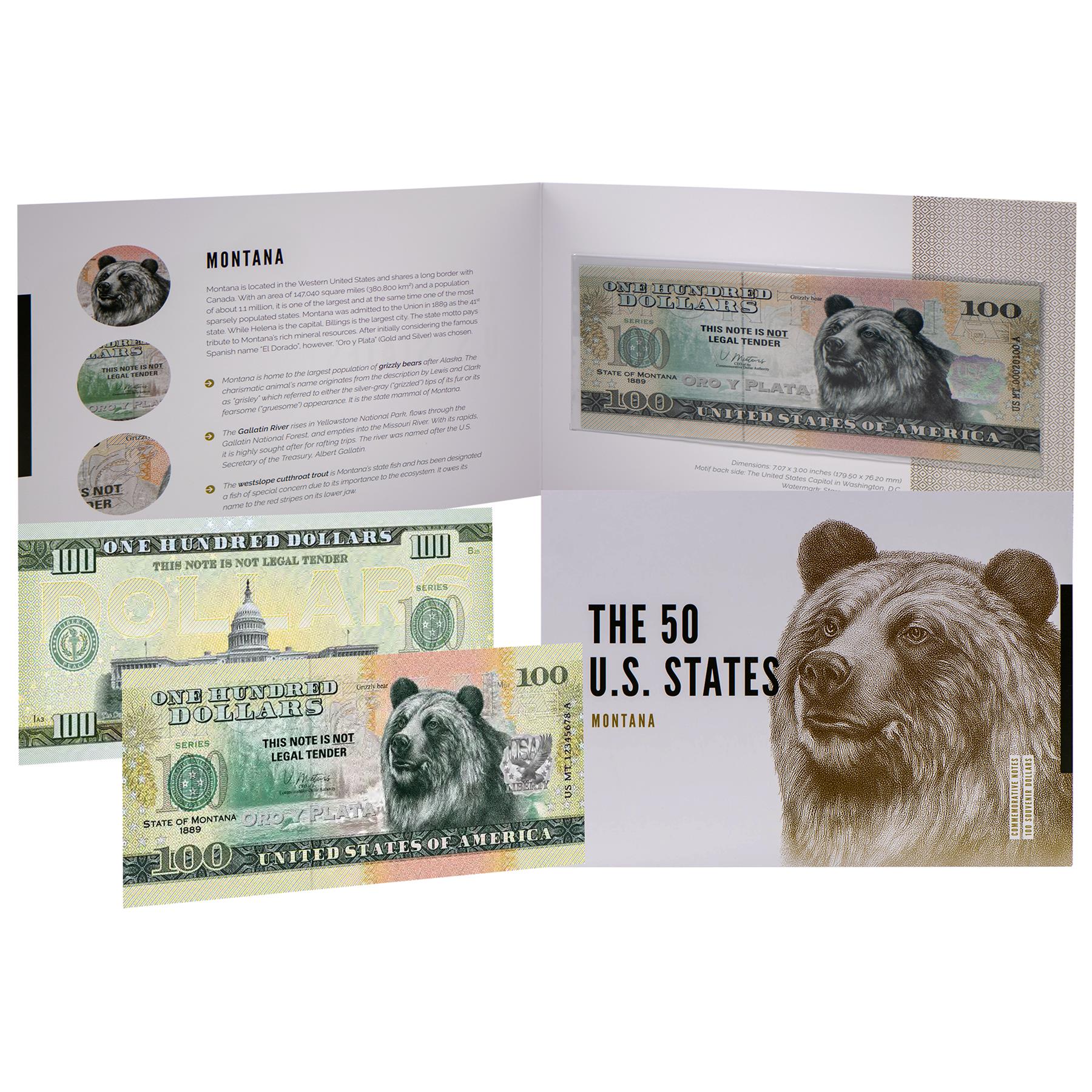 USA 100 Dollar Note | Montana Commemorative Souvenir | Grizzly Bear | Gallatin River | Westslope Cutthroat Trout | The 50 U.S. States Edition