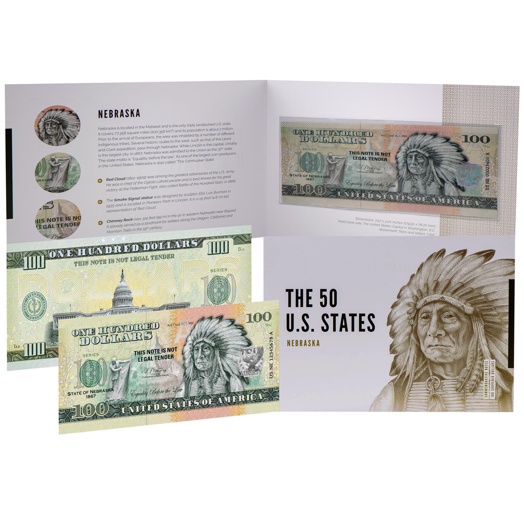 USA 100 Dollar Note | Nebraska Commemorative Souvenir | Chief Red Cloud | Smoke Signal Statue | Chimney Rock | The 50 U.S. States Edition