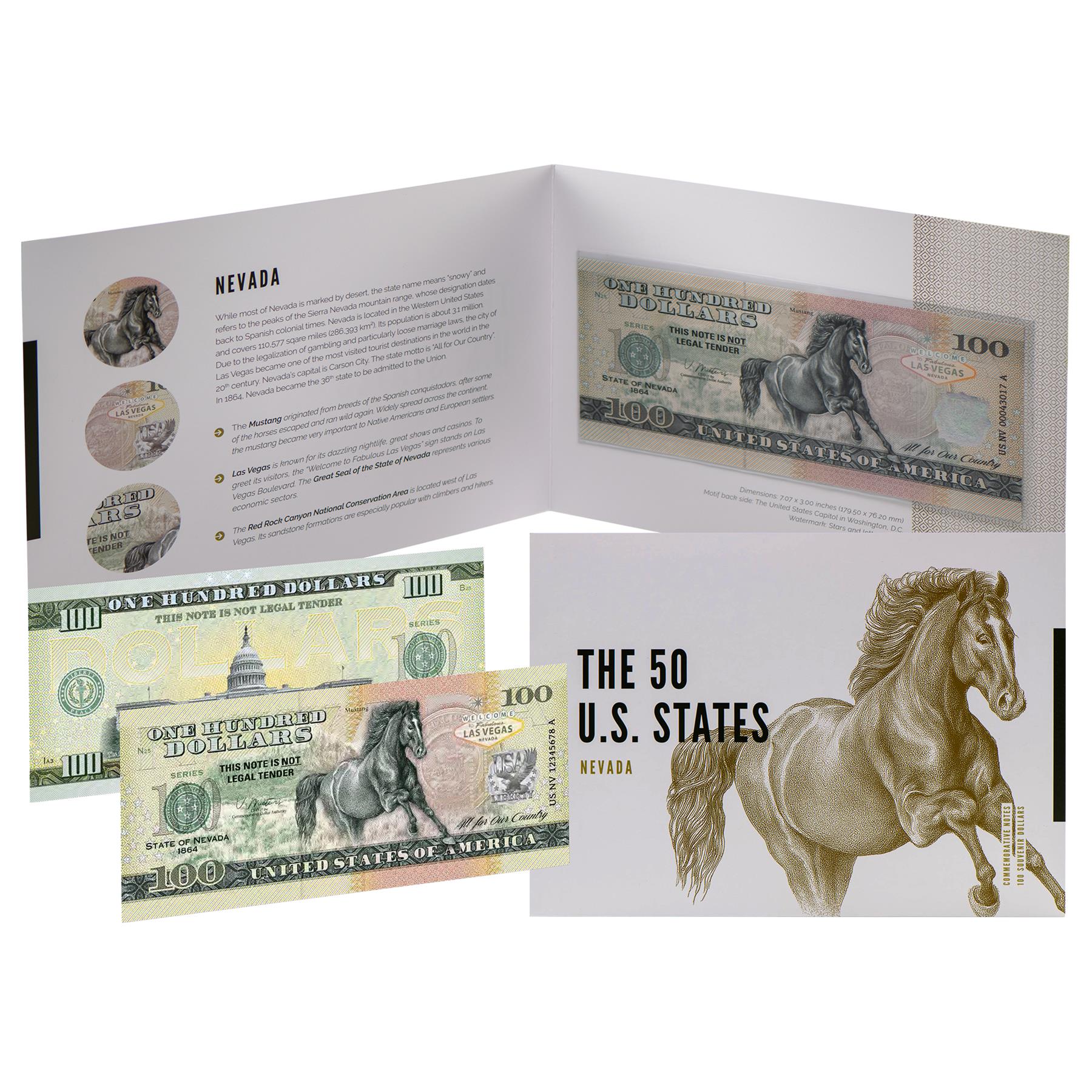 USA 100 Dollar Note | Nevada Commemorative Souvenir | Mustang | Red Rock Canyon | Las Vegas Sign | The 50 U.S. States Edition