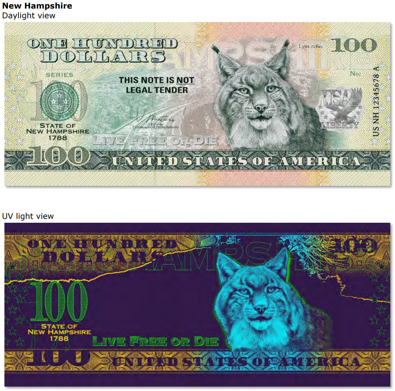 USA 100 Dollar Note | New Hampshire Commemorative Souvenir | Bobcat | Conway Scenic Railroad | White-Tailed Deer | The 50 U.S. States Edition