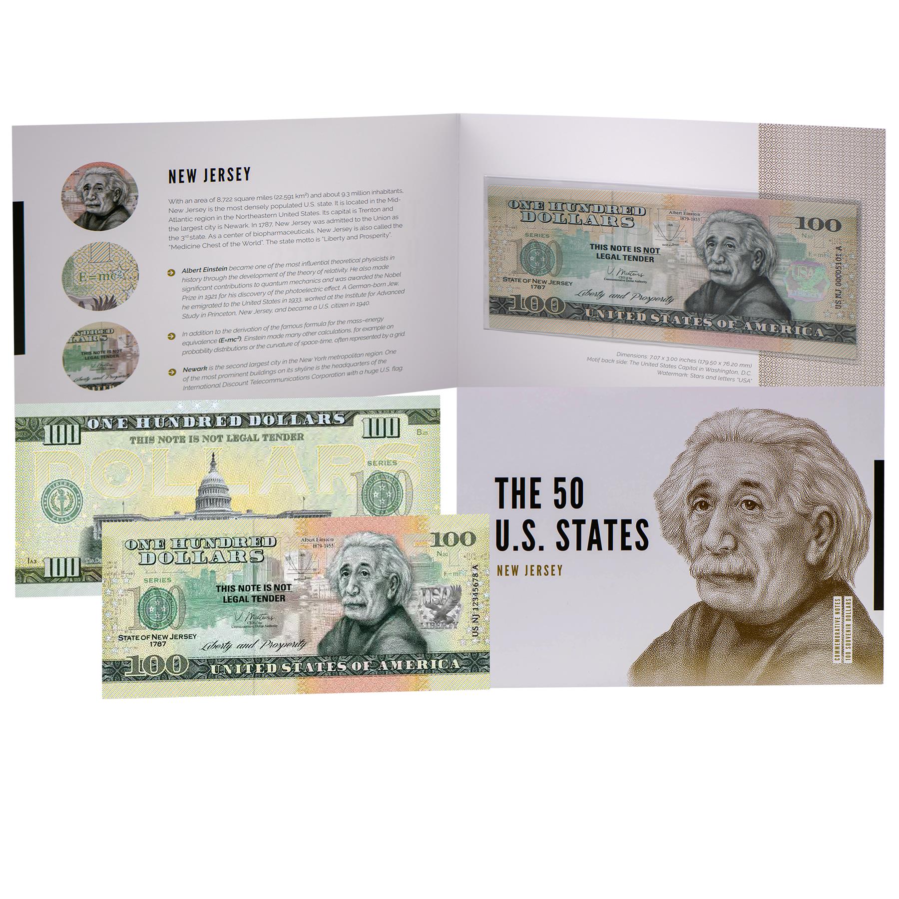 USA 100 Dollar Note | New Jersey Commemorative Souvenir | Albert Einstein | The 50 U.S. States Edition