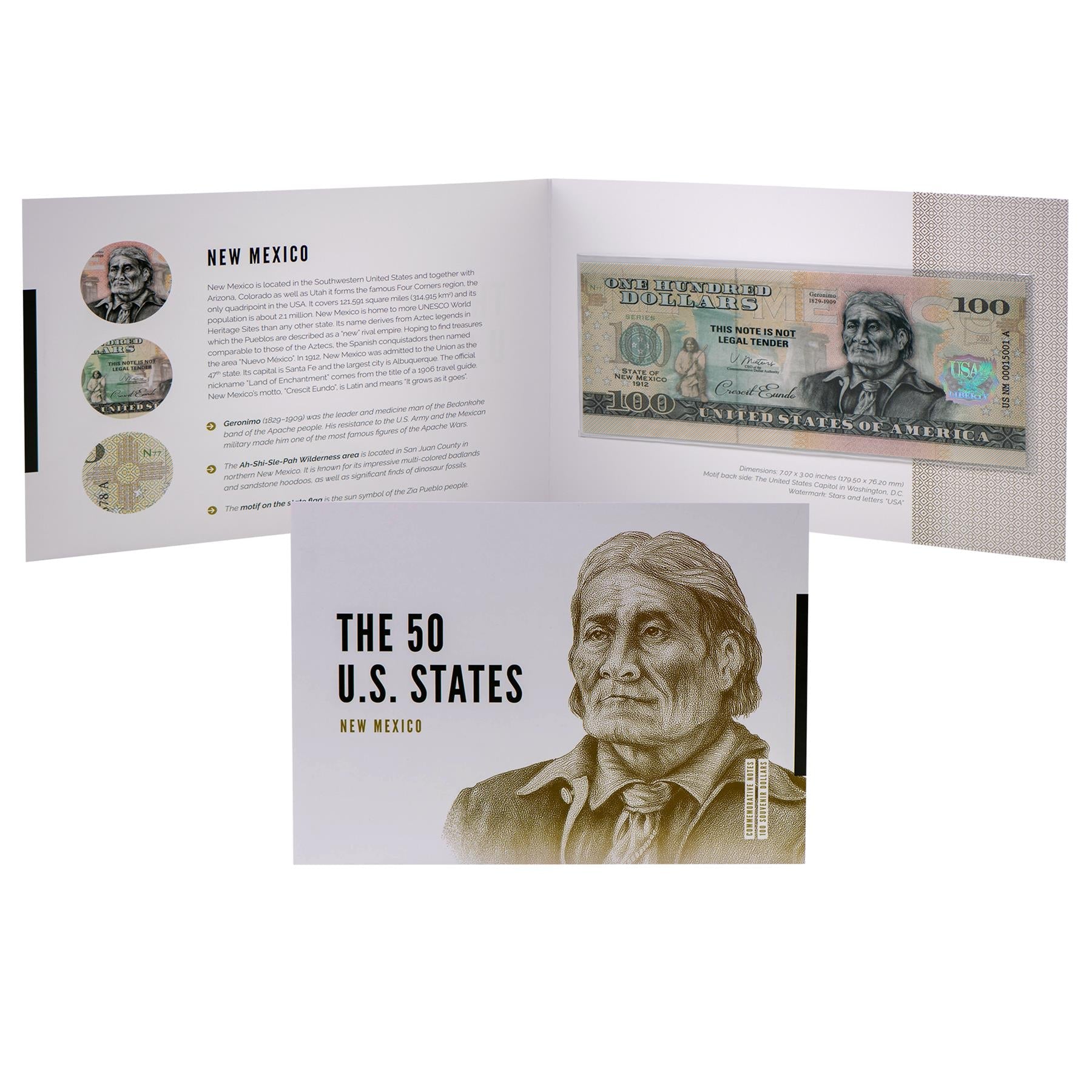 USA 100 Dollar Note | New Mexico Commemorative Souvenir | Geronimo | Ah-Shi-Sle-Pah Wilderness | Zia Pueblo Sun Symbol | The 50 U.S. States Edition