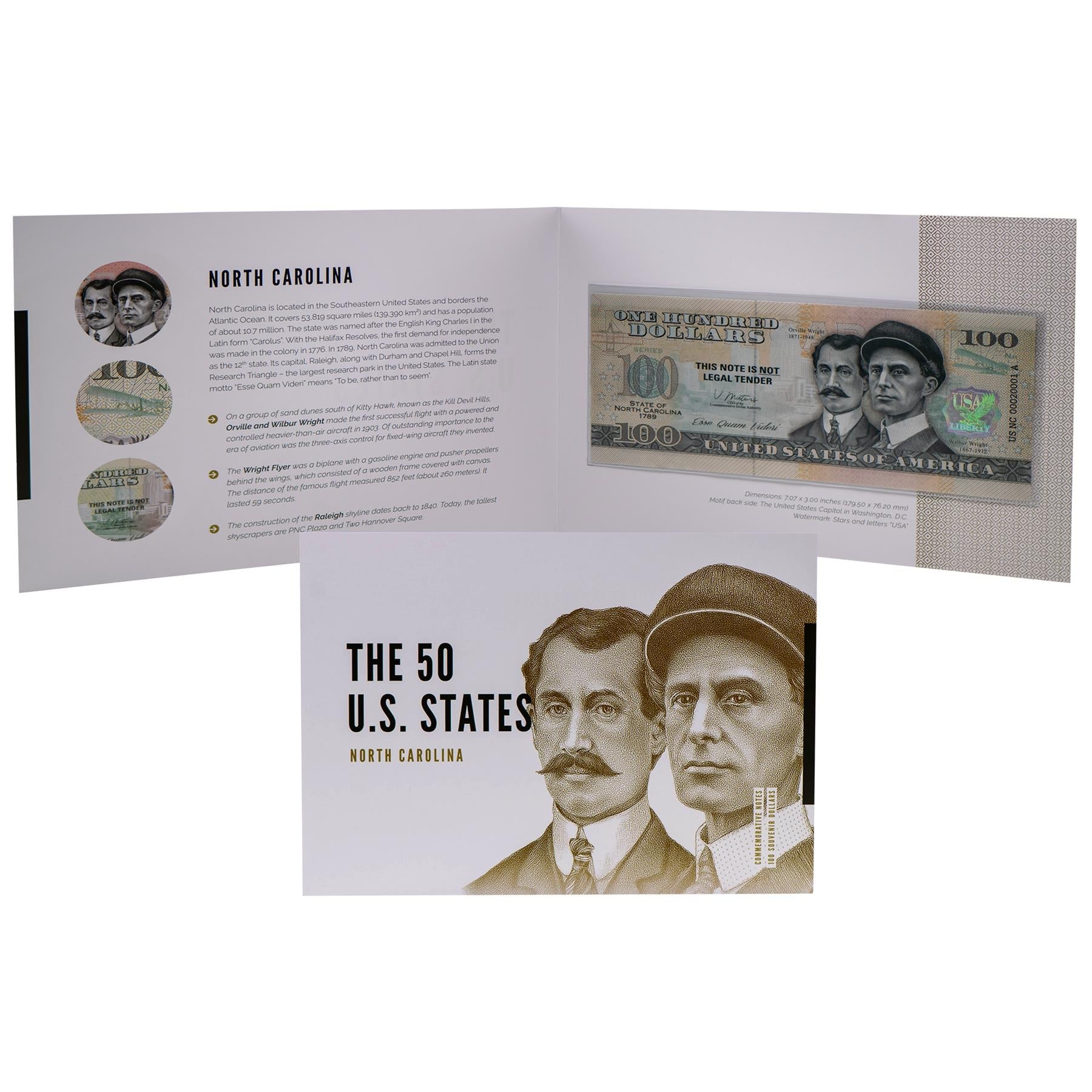 USA 100 Dollar Note | North Carolina Commemorative Souvenir | Wright Brothers | Raleigh Skyline | Kill Devil Hills | The 50 U.S. States Edition