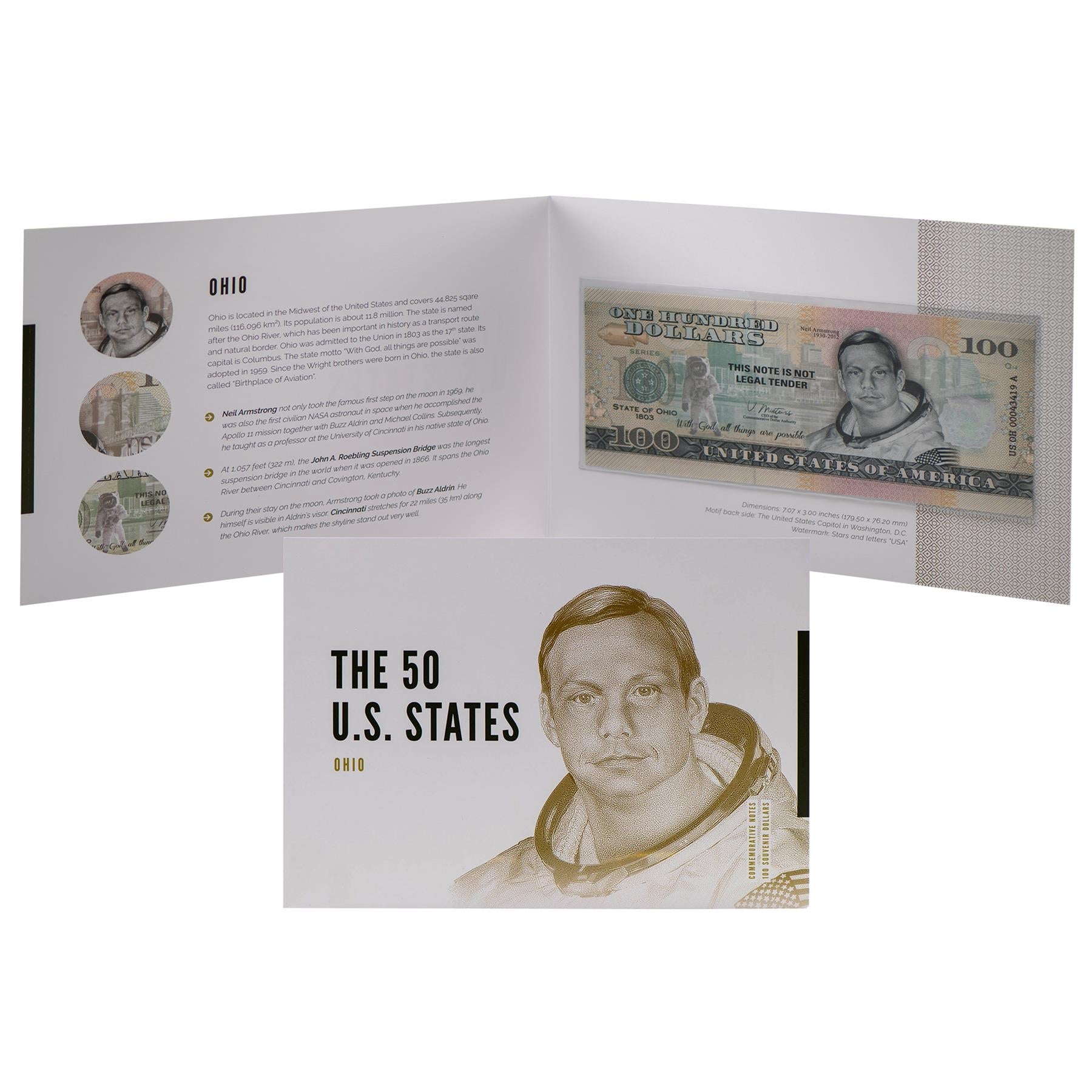 USA 100 Dollar Note | Ohio Commemorative Souvenir | Neil Armstrong | Apollo 11 Mission | John A. Roebling Bridge | The 50 U.S. States Edition