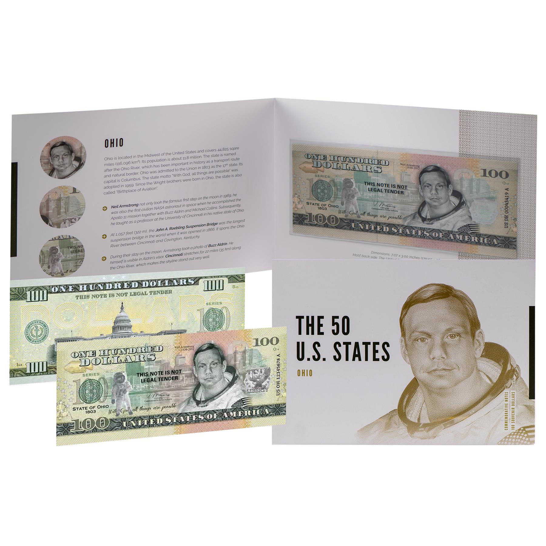 USA 100 Dollar Note | Ohio Commemorative Souvenir | Neil Armstrong | Apollo 11 Mission | John A. Roebling Bridge | The 50 U.S. States Edition