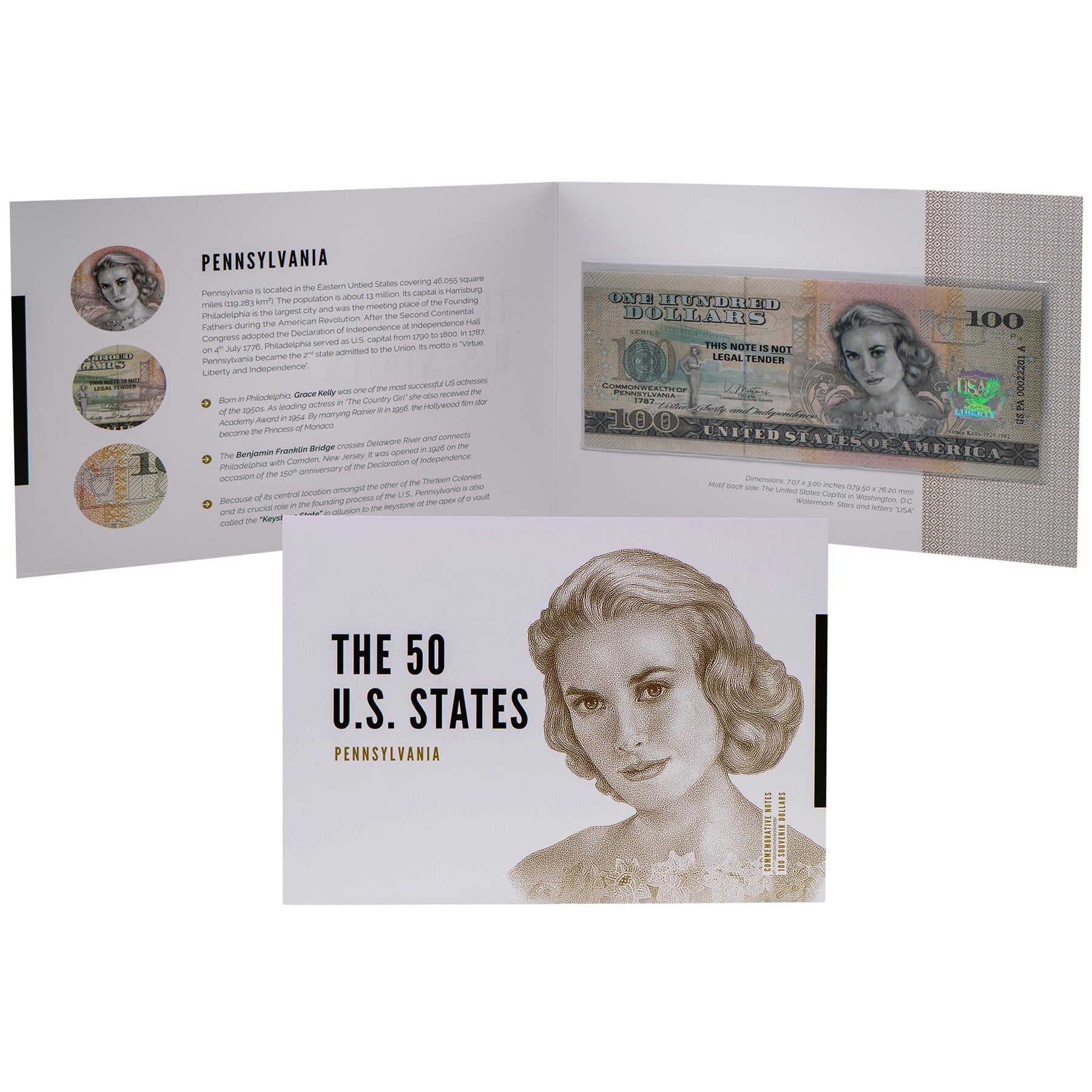 USA 100 Dollar Note | Pennsylvania Commemorative Souvenir | Grace Kelly | Benjamin Franklin Bridge | Philadelphia Skyline | The 50 U.S. States Edition