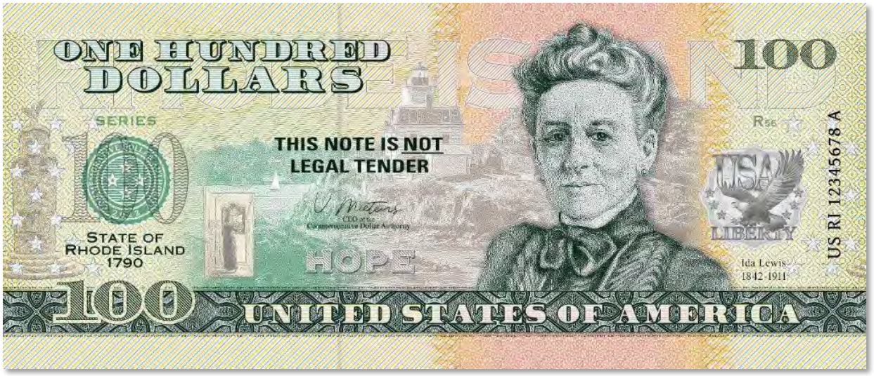 USA 100 Dollar Note | Rhode Island Commemorative Souvenir | Ida Lewis | Pomham Rocks Light | World War I Memorial | The 50 U.S. States Edition