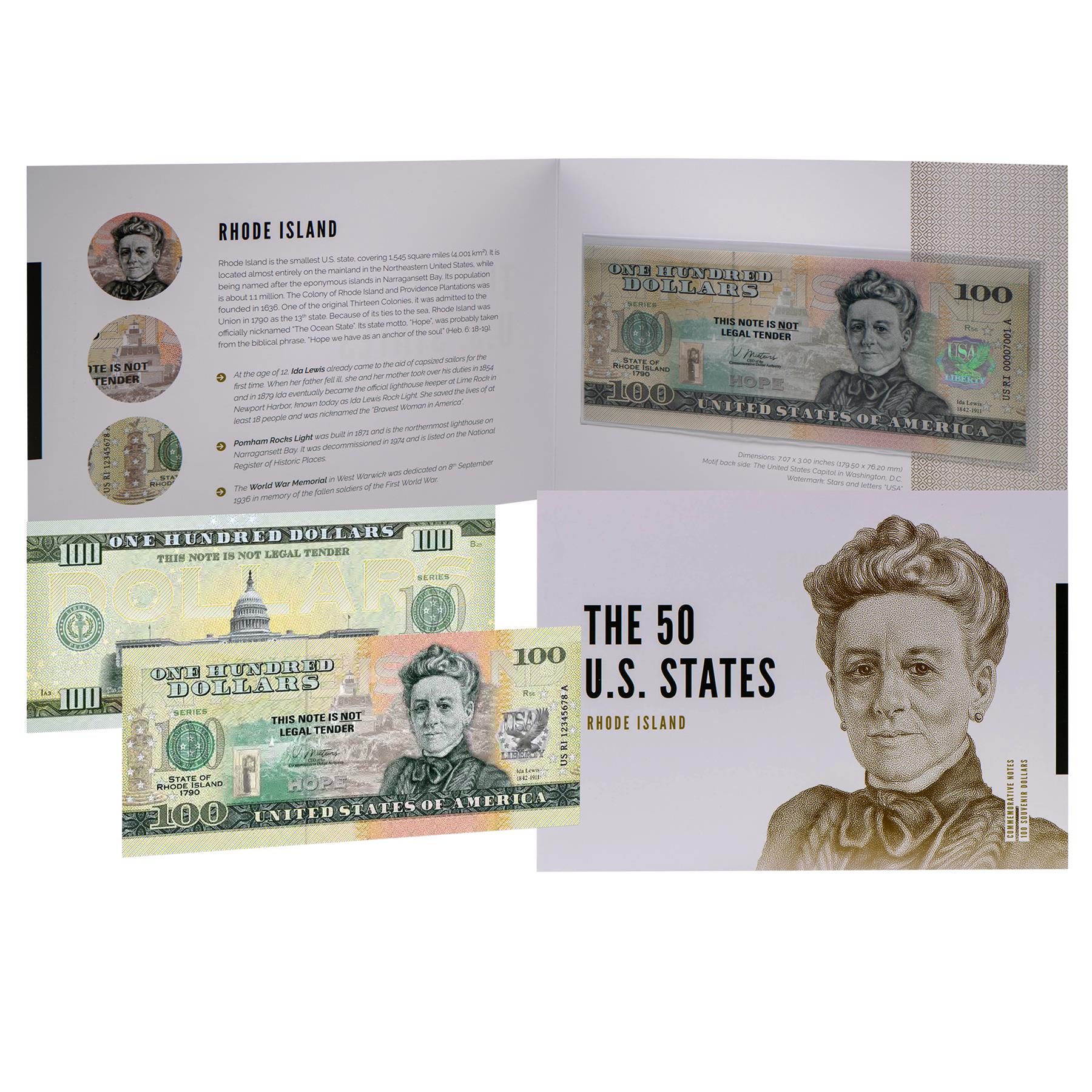 USA 100 Dollar Note | Rhode Island Commemorative Souvenir | Ida Lewis | Pomham Rocks Light | World War I Memorial | The 50 U.S. States Edition