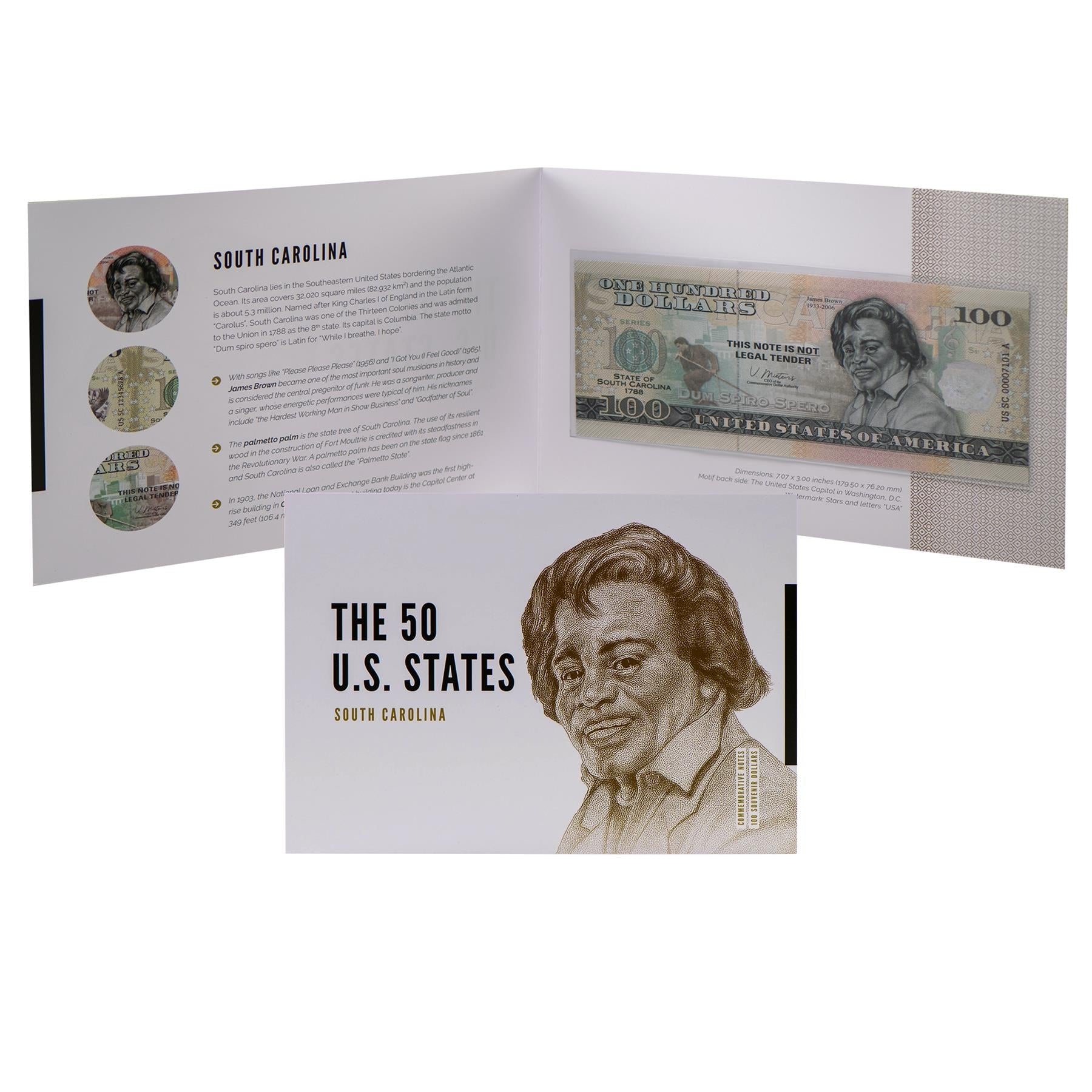 USA 100 Dollar Note | South Carolina Commemorative Souvenir | James Brown | Palmetto Palm Tree | Columbia Skyline | The 50 U.S. States Edition