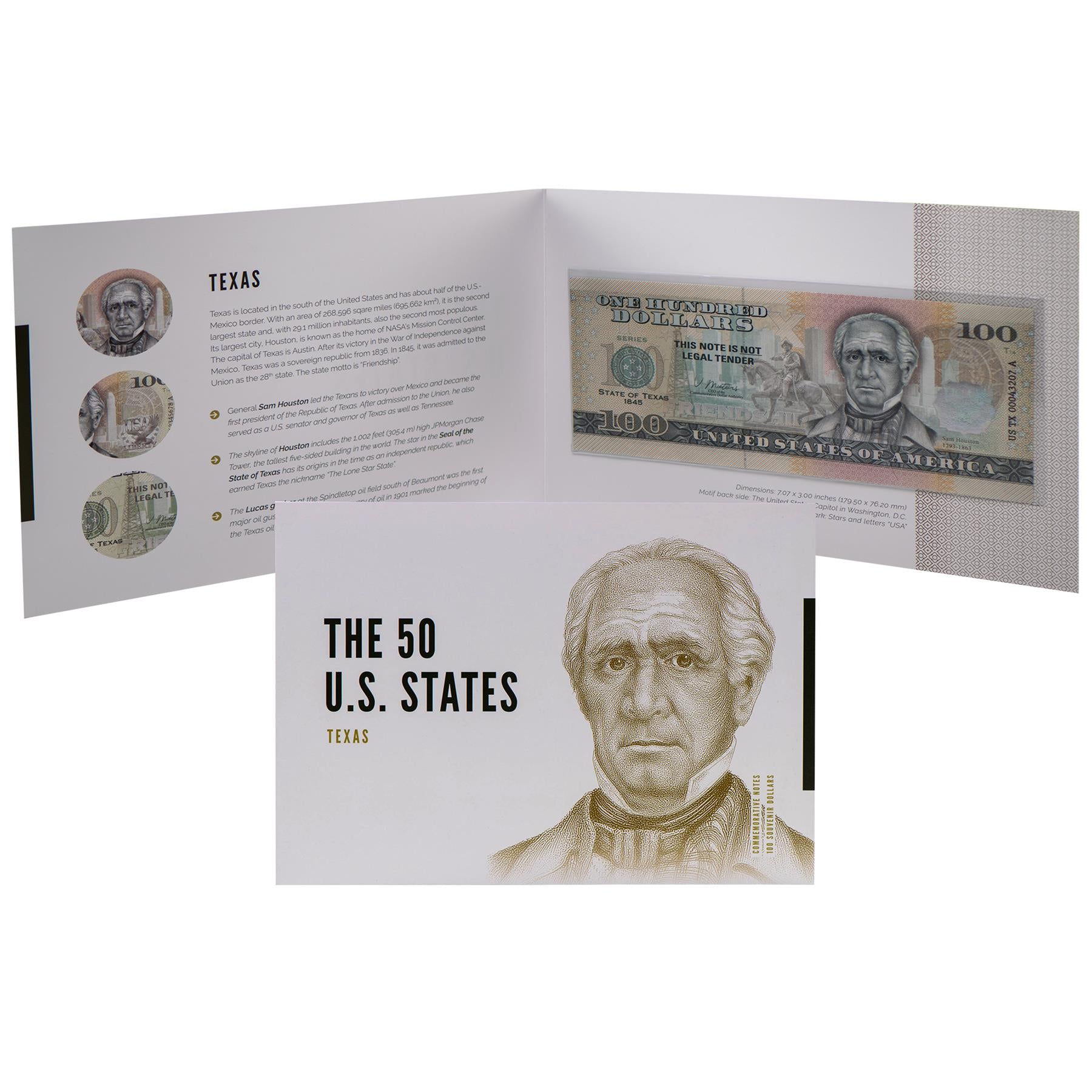 USA 100 Dollar Note | Texas Commemorative Souvenir | Sam Houston | Houston Skyline | Spindletop Oil Field | The 50 U.S. States Edition