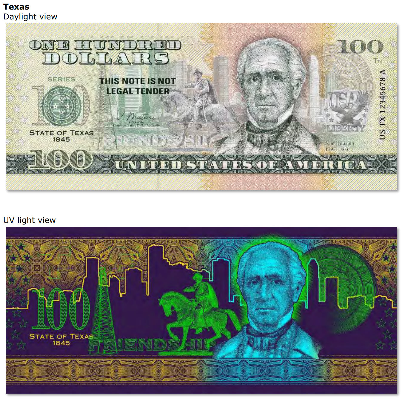 USA 100 Dollar Note | Texas Commemorative Souvenir | Sam Houston | Houston Skyline | Spindletop Oil Field | The 50 U.S. States Edition