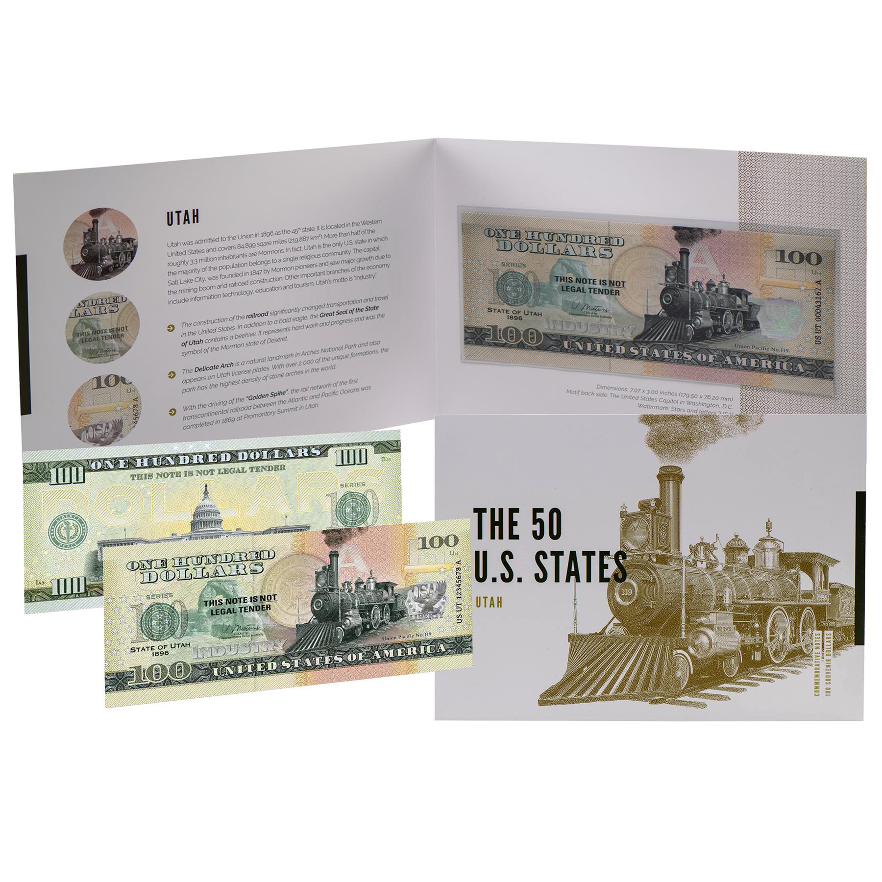 USA 100 Dollar Note | Utah Commemorative Souvenir | The Beehive State | Transcontinental Railroad | Delicate Arch | Golden Spike | The 50 U.S. States Edition