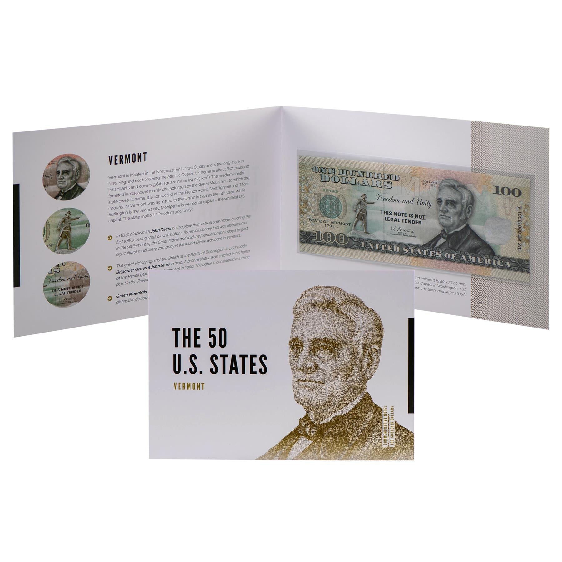 USA 100 Dollar Note | Vermont Commemorative Souvenir | John Deere | General John Stark Statue | Green Mountain National Forest | The 50 U.S. States Edition