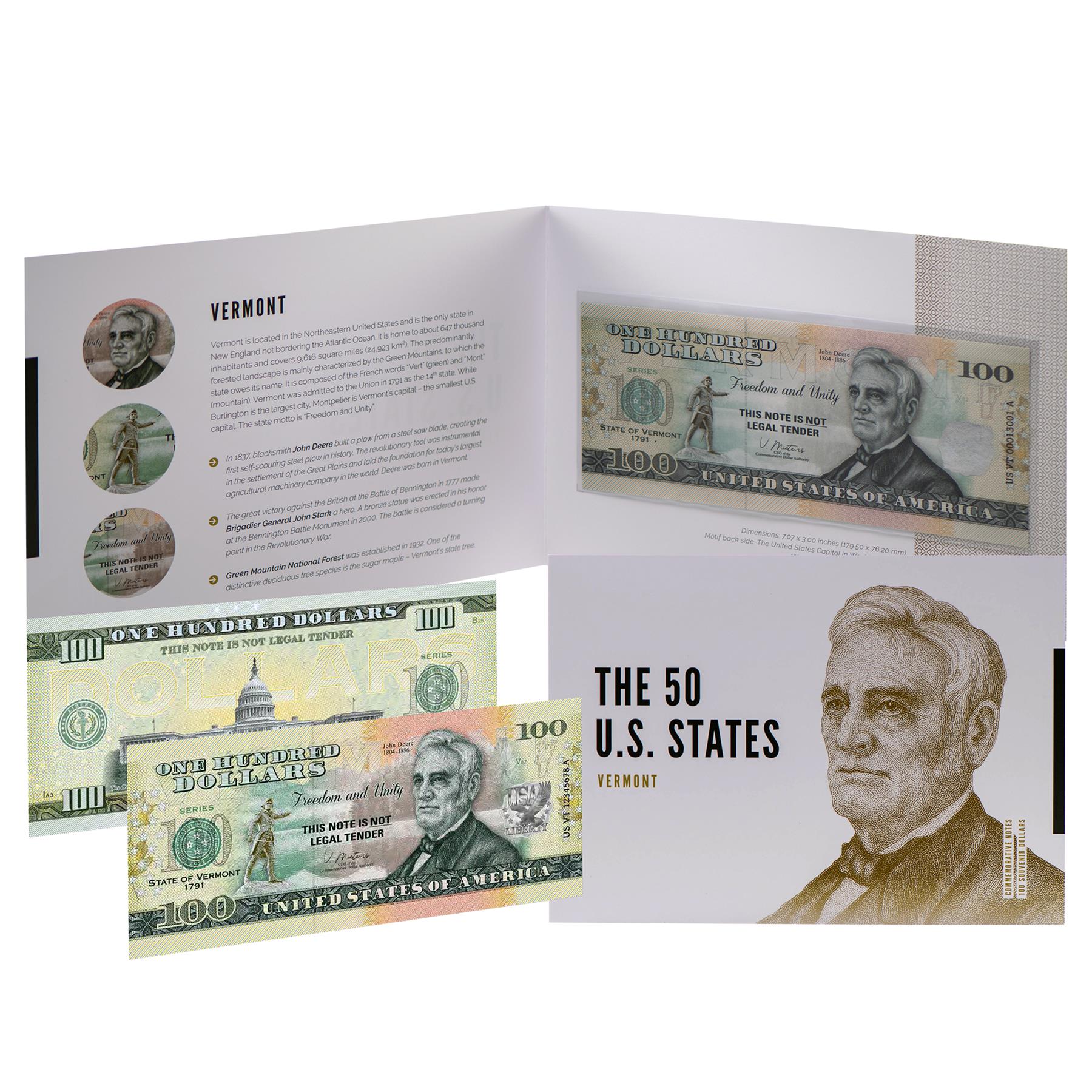 USA 100 Dollar Note | Vermont Commemorative Souvenir | John Deere | General John Stark Statue | Green Mountain National Forest | The 50 U.S. States Edition