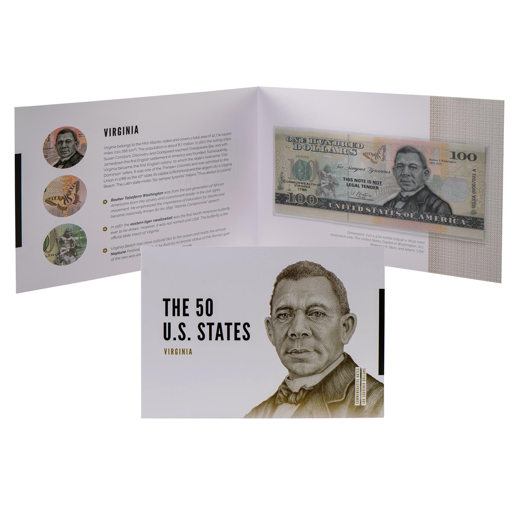 USA 100 Dollar Note | Virginia Commemorative Souvenir | Booker T. Washington | Eastern Tiger Swallowtail Butterfly | King Neptune Statue | The 50 U.S. States Edition