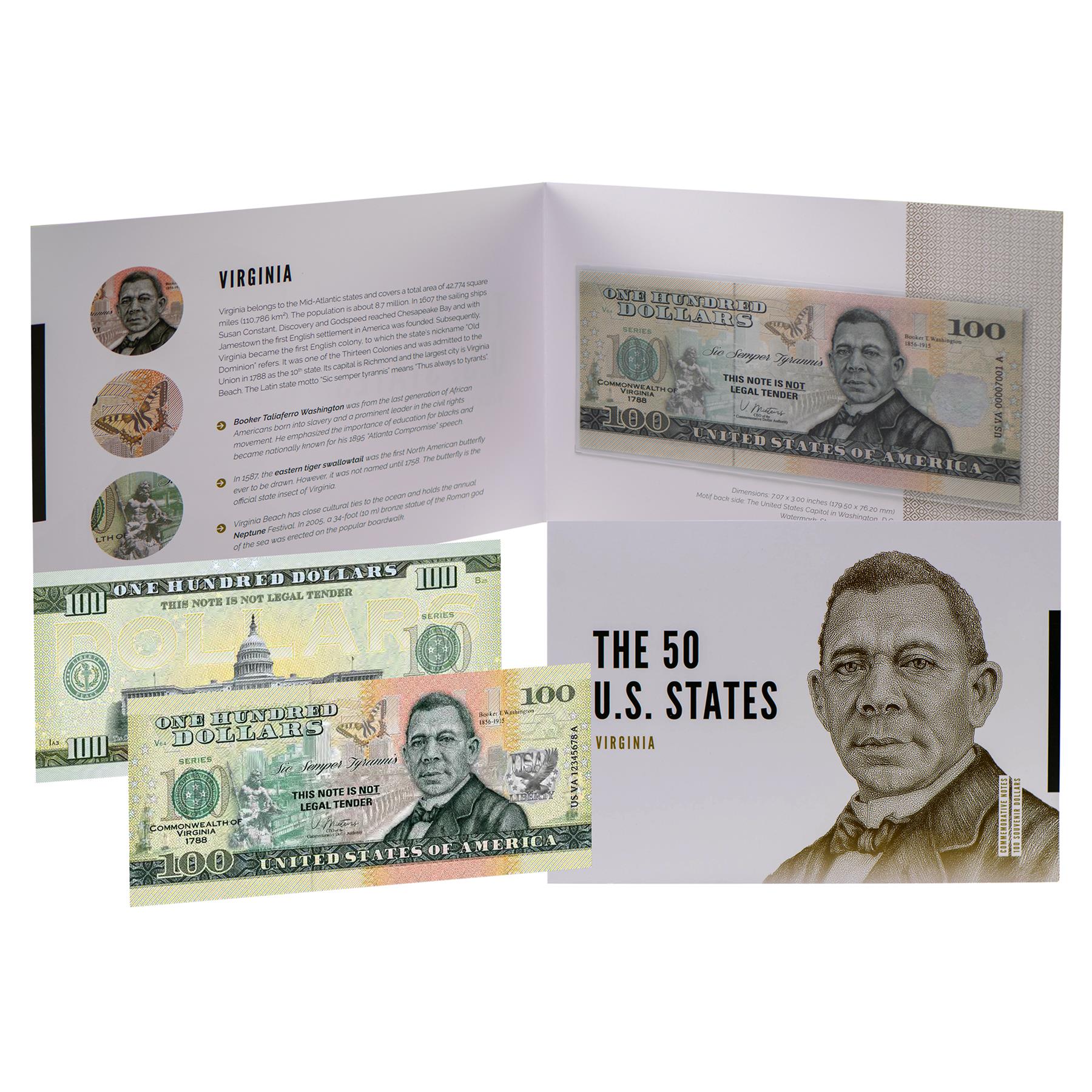 USA 100 Dollar Note | Virginia Commemorative Souvenir | Booker T. Washington | Eastern Tiger Swallowtail Butterfly | King Neptune Statue | The 50 U.S. States Edition