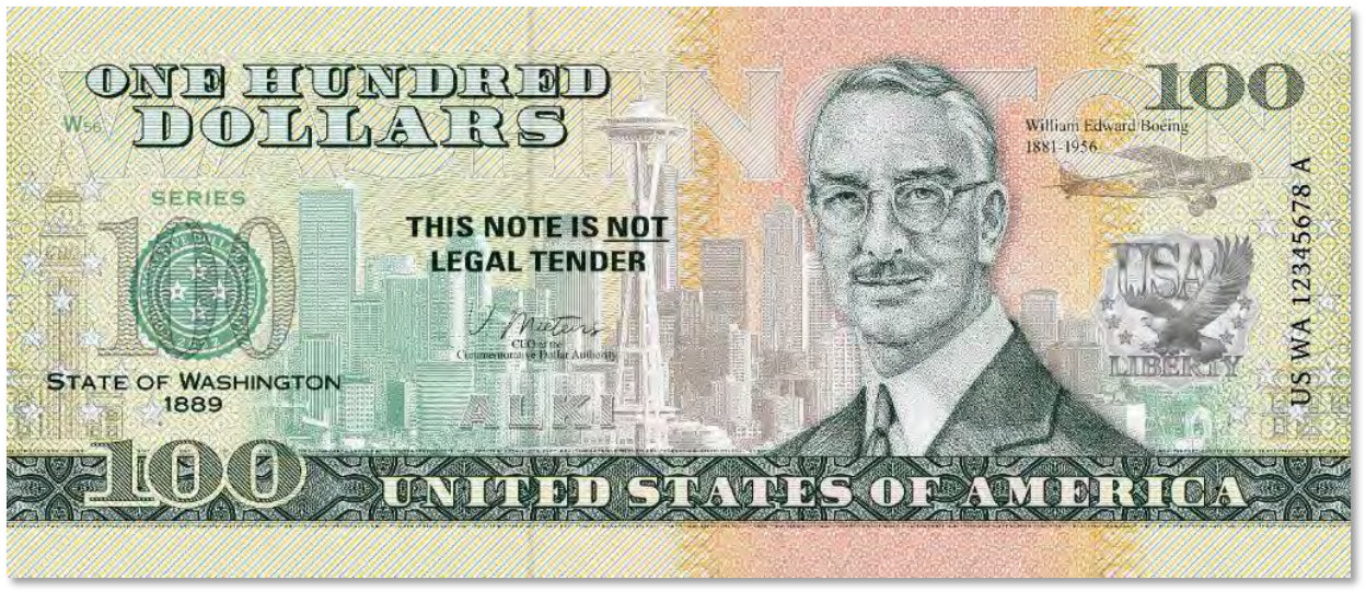 USA 100 Dollar Note | Washington Commemorative Souvenir | William Edward Boeing | Space Needle | The Evergreen State | The 50 U.S. States Edition