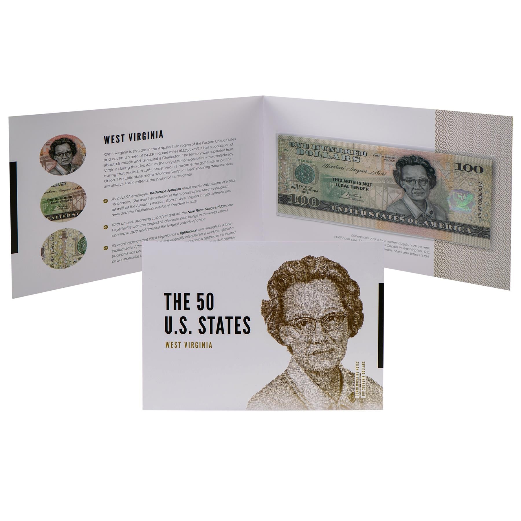 USA 100 Dollar Note | West Virginia Commemorative Souvenir | Katherine Johnson | New River Gorge Bridge | Summersville Lake Lighthouse | The Mountain State | The 50 U.S. States Edition