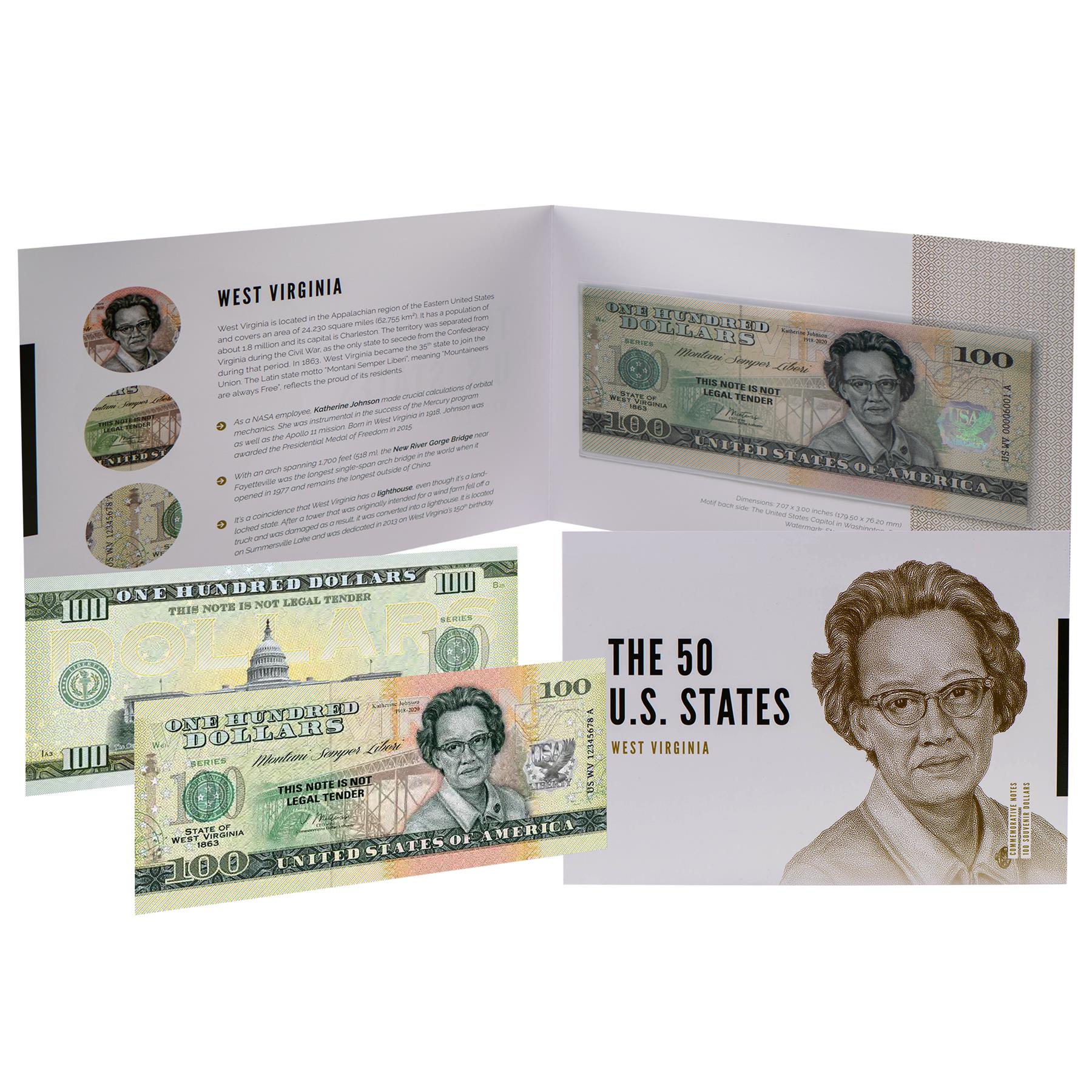 USA 100 Dollar Note | West Virginia Commemorative Souvenir | Katherine Johnson | New River Gorge Bridge | Summersville Lake Lighthouse | The Mountain State | The 50 U.S. States Edition