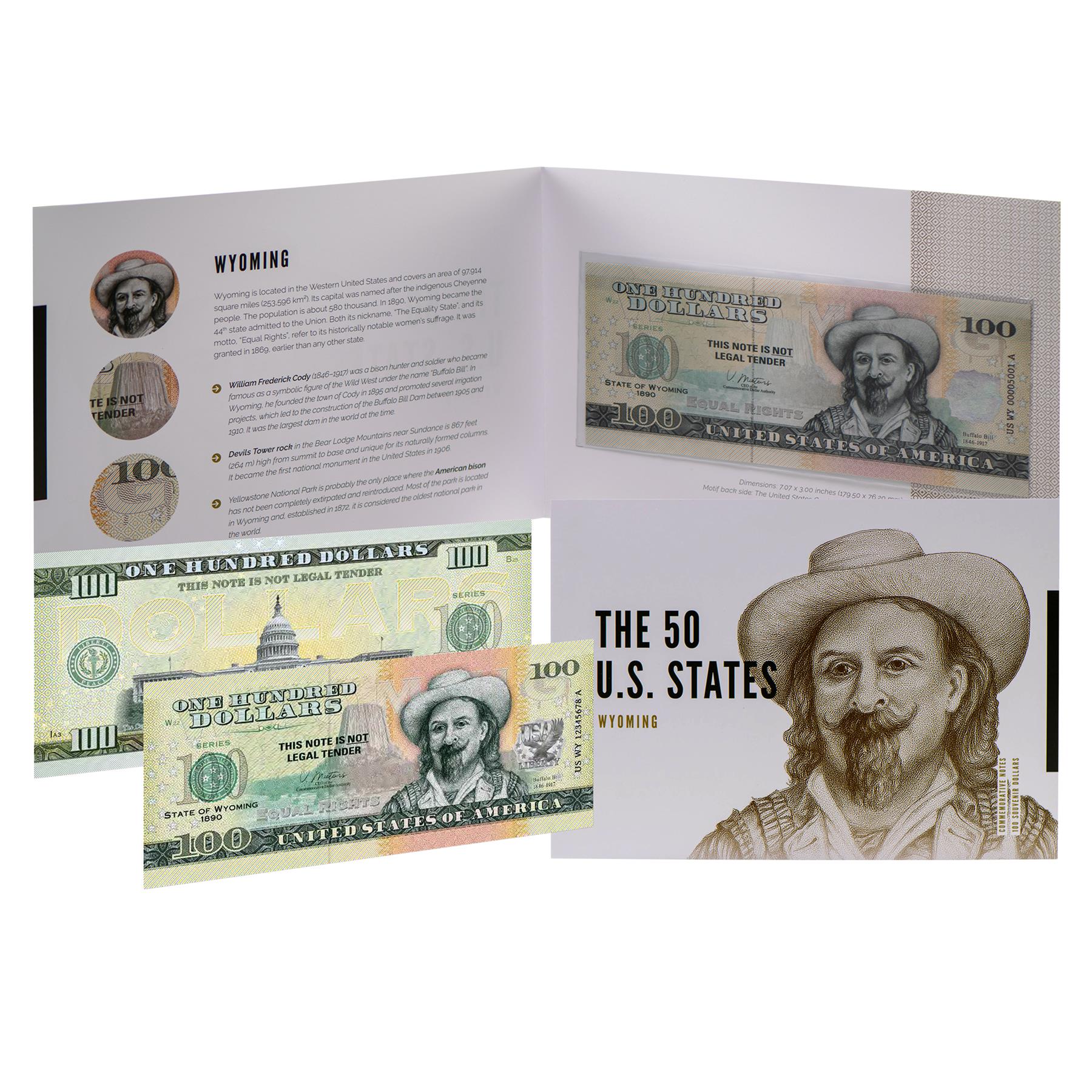 USA 100 Dollar Note | Wyoming Commemorative Souvenir | Buffalo Bill | Devils Tower | Bison | The 50 U.S. States Edition