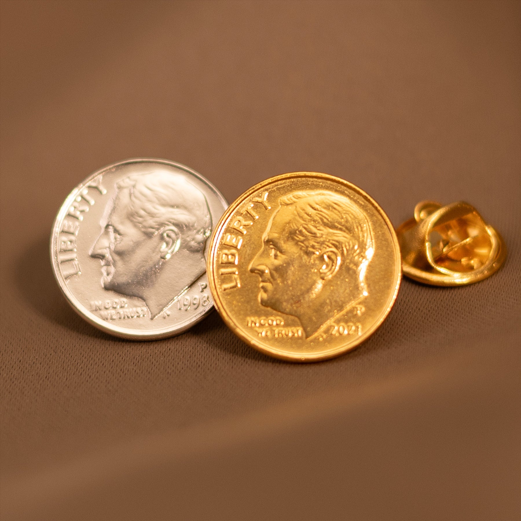 USA Coin Pin Brooch Badge | Genuine American Dime | 18K Gold Plated | Roosevelt Dime | Proud Veteran