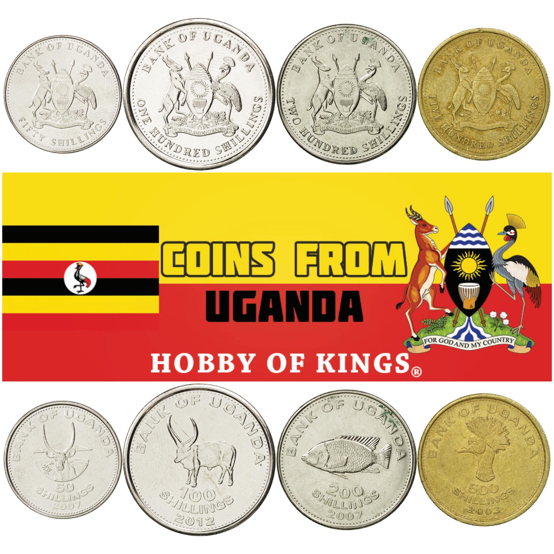 Ugandan 4 Coin Set 50 100 200 500 Shillings | African Bull | East African Crowned Crane | Cichlid | Uganda | 1998 - 2019