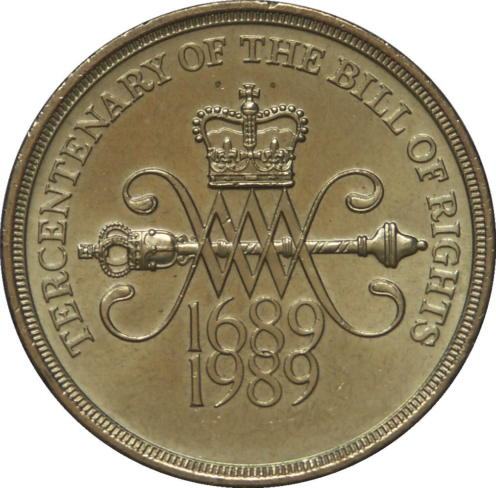 United Kingdom 2 Pounds Coin | Britain | Queen Elizabeth II 3rd portrait | Bill of Rights | 1989