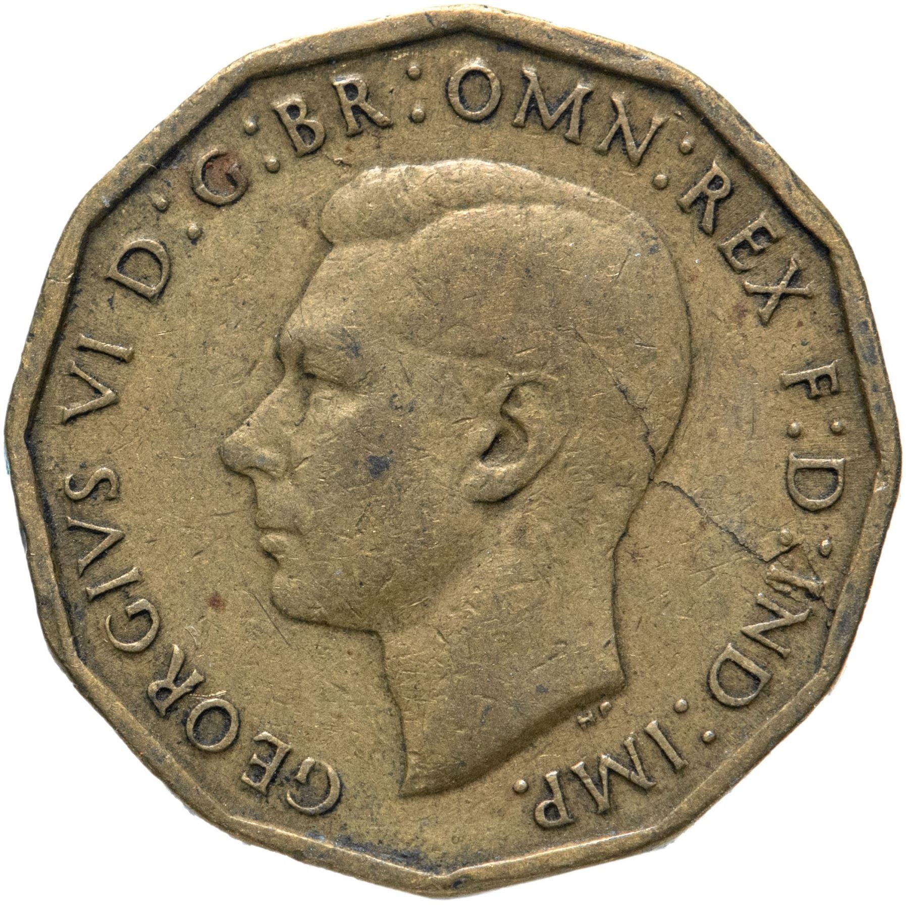 United Kingdom 3 Pence - George VI with 'IND:IMP' | Coin KM849 1937 - 1948