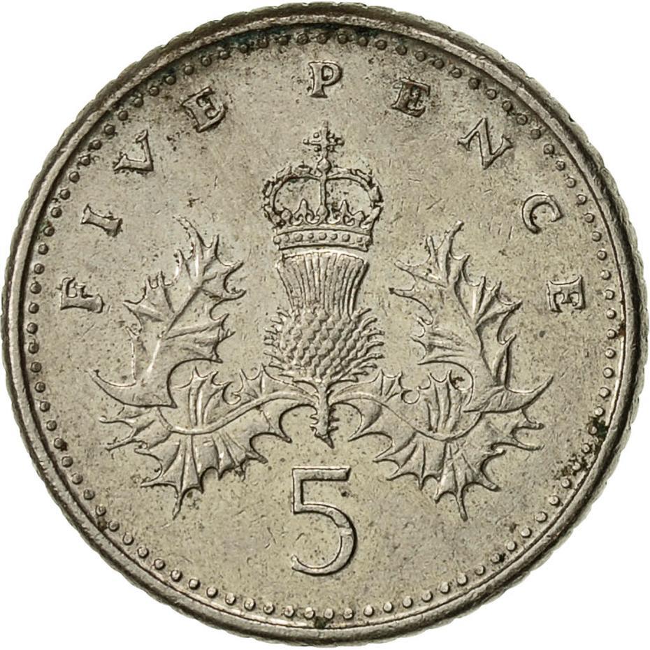 United Kingdom 5 Pence - Elizabeth II 3rd portrait | small type | Coin KM937b 1990 - 1997