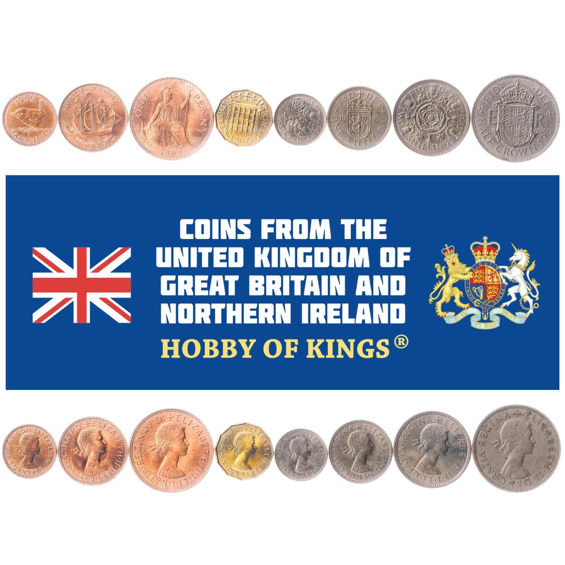 United Kingdom | 8 Coin Set | Farthing Penny Pence Shillings (Florin) 1/2 Crown | 1954 - 1961