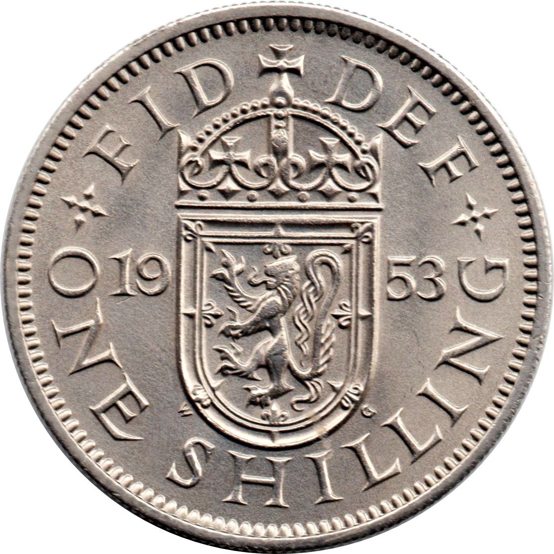 United Kingdom Coin 1 Shilling | Elizabeth II Scottish shield | with 'BRITT:OMN' | 1953