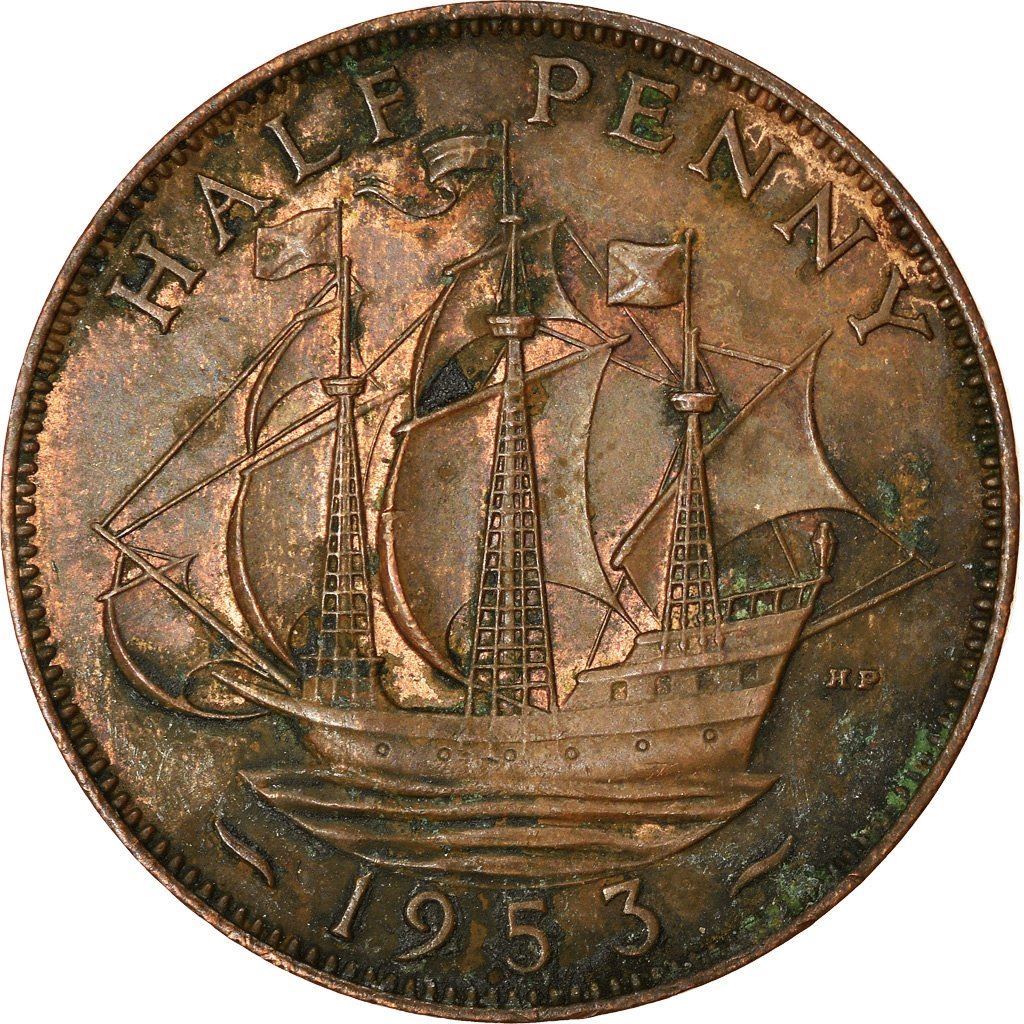 United Kingdom Coin ½ Penny | Elizabeth II 1st portrait | with 'BRITT:OMN' | 1953