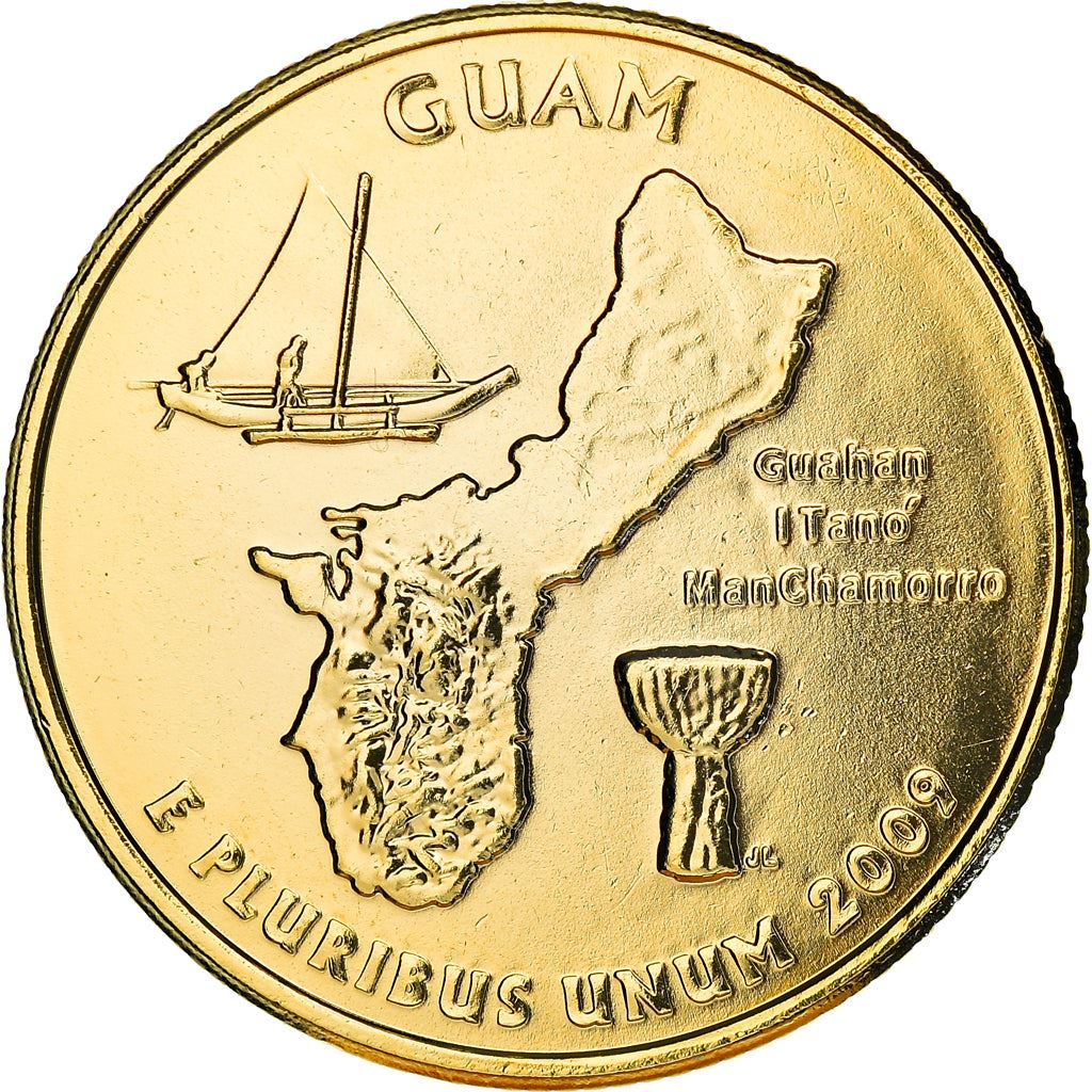 United States Coin American ¼ Dollar | George Washington | Guam | Flying Proa | Sailing Boat | Latte Stone | KM447 | 2009