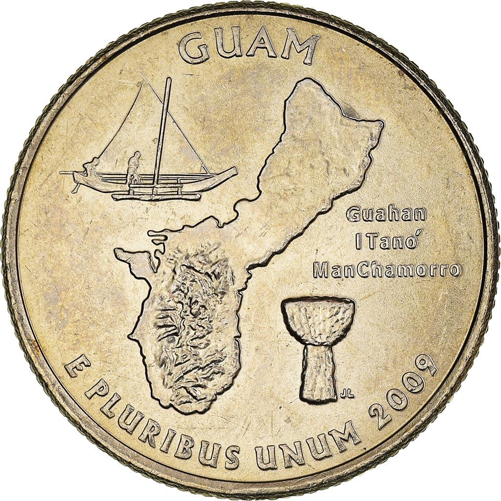 United States Coin American ¼ Dollar | George Washington | Guam | Flying Proa | Sailing Boat | Latte Stone | KM447 | 2009