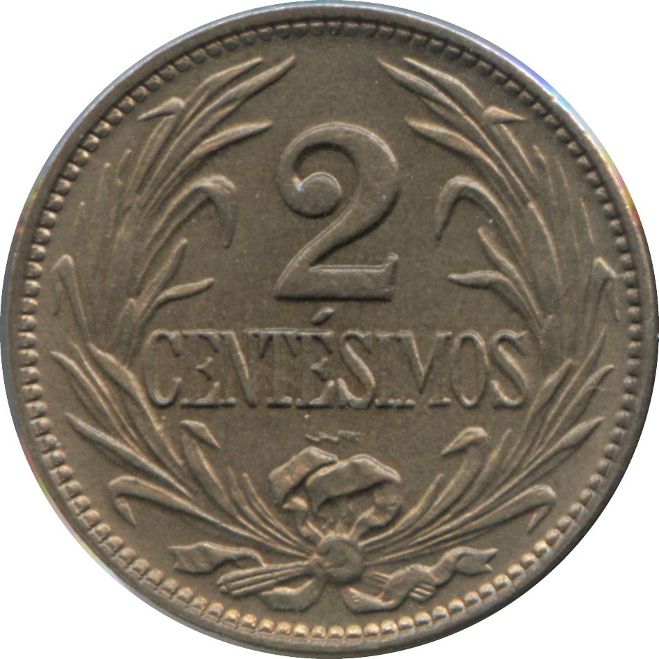 Uruguay 2 Centesimos Coin | Sun | Palm Wreath | KM20 | 1901 - 1941