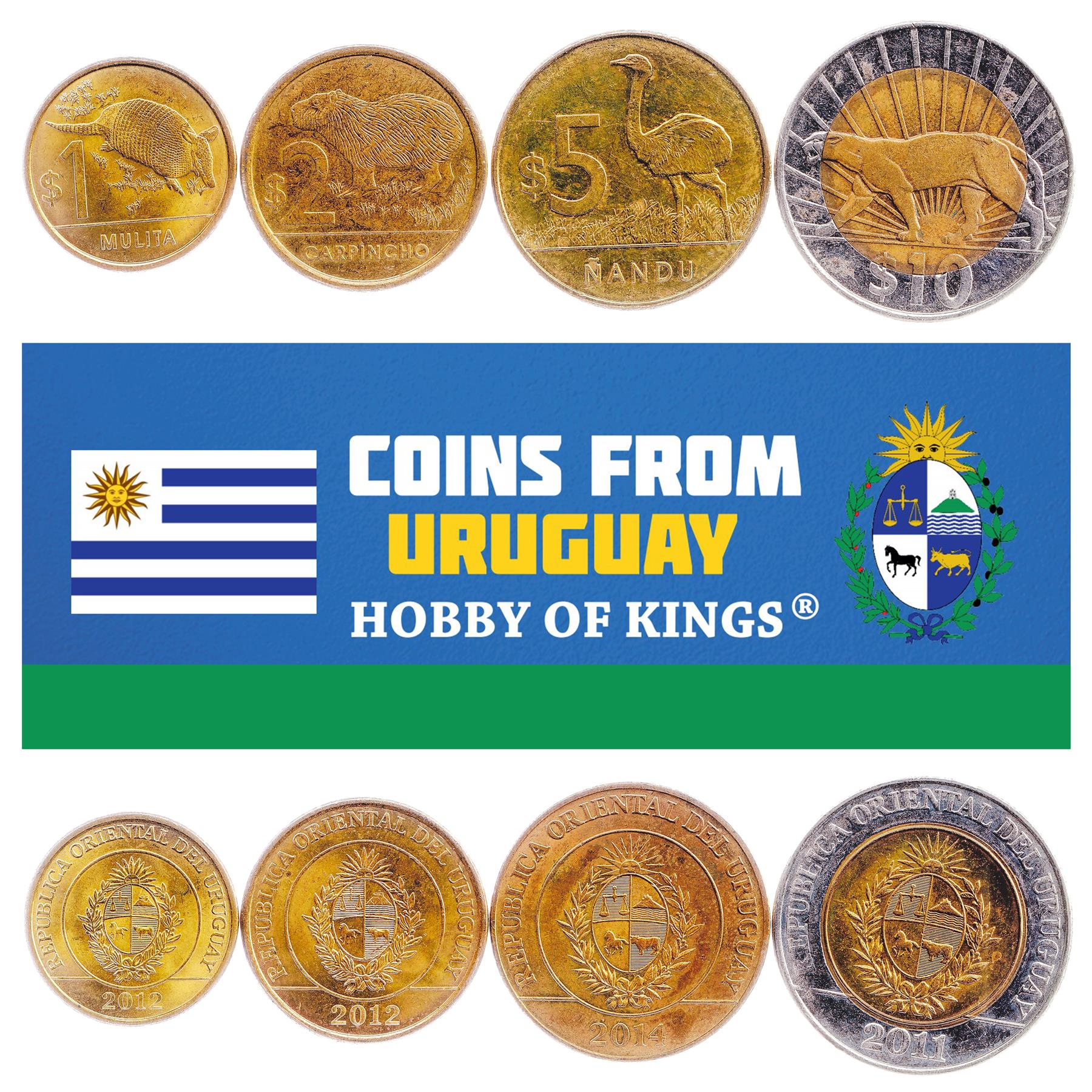 Uruguayan 4 Coin Set 1 2 5 10 Pesos | Greater Rhea | Armadillo | Capybara | Cougar | Uruguay | 2011 - 2019