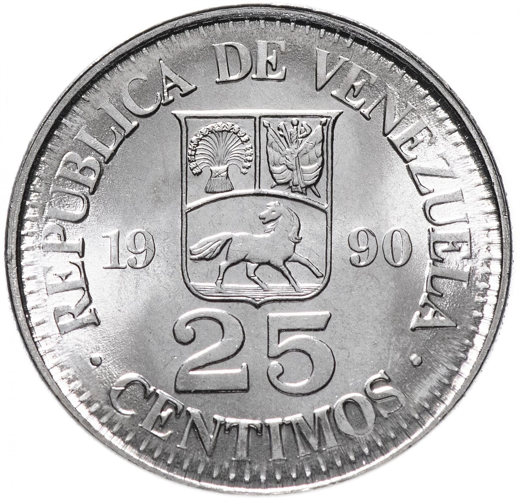 Venezuela | 25 Centimos Coin | Palomo Horse | Simon Bolivar | KM50a | 1989 - 1990