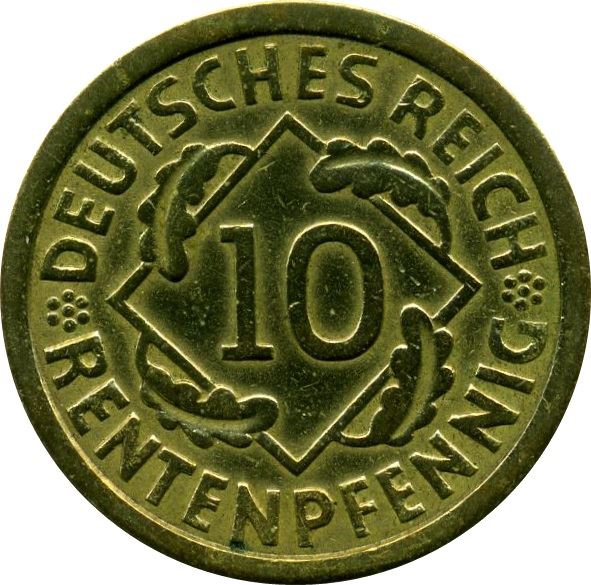 Weimar Republic 10 Rentenpfennig Coin | German Reich | KM33 | 1923 - 1925