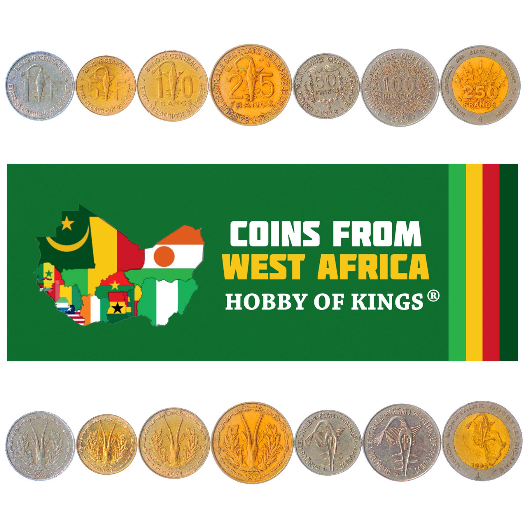 West African 7 Coin Set 1 5 10 25 50 100 250 Francs | Nuts | Gazelle | Sawfish | Beans | Grains | Flowers | 1959 - 2011