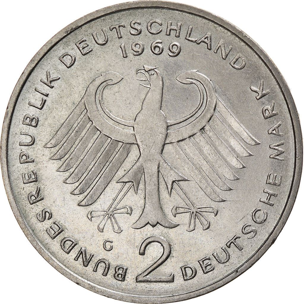 West German 2 Deutsche Mark Coin | Konrad Adenauer | KM124 | 1969 - 1987