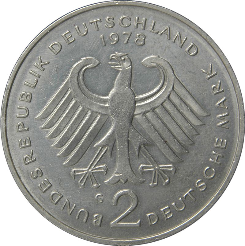 West German 2 Deutsche Mark Coin | Konrad Adenauer | KM124 | 1969 - 1987