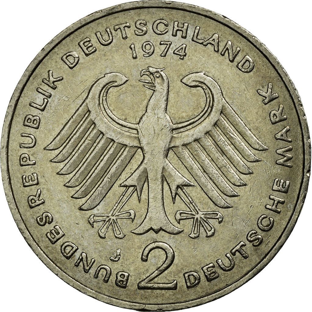 West Germany 2 Deutsche Mark Coin | President Theodor Heuss | Eagle | KMA127 | 1970 - 1987