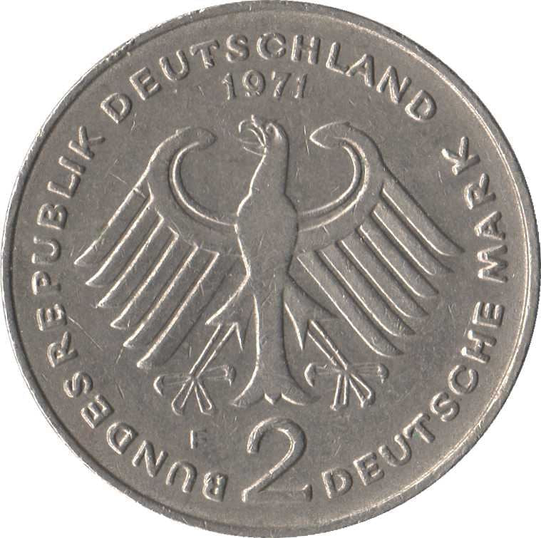 West Germany 2 Deutsche Mark Coin | President Theodor Heuss | Eagle | KMA127 | 1970 - 1987